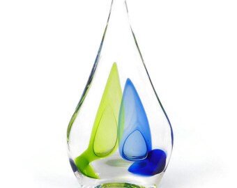 JAN BENDA, Art Glass Paperweight, Sculpture, Clear Green Blue, Signed, Canadian Artist