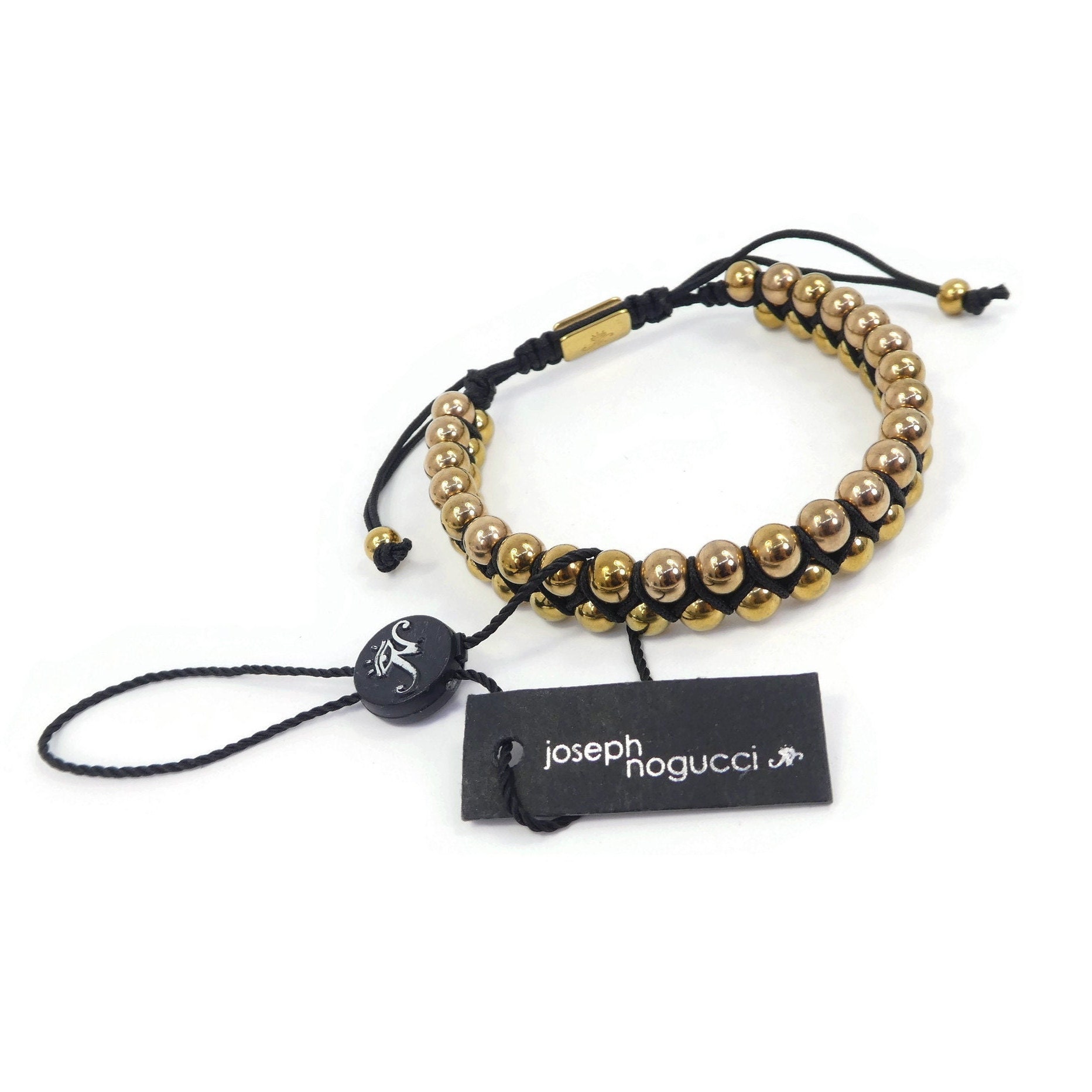 JOSEPH NOGUCCI, Gold Tone Bead, Bracelet, Black Cord, Adjustable