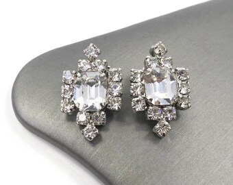 Vintage, Clear Rhinestone, Earrings, Silver Tone, Clip Ons