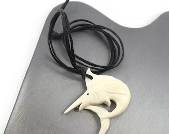 Vintage Bone, Swordfish Necklace, Carved, Black Cord