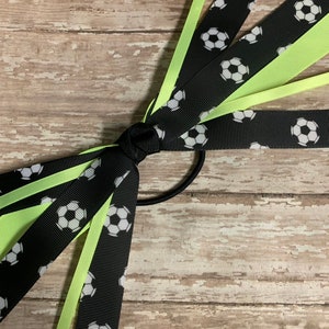 Neon Soccer Streamers, Neon Yellow Soccer Ribbon, Ponytail, Black Soccer Ribbons