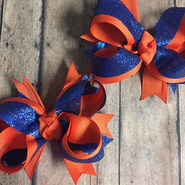 Orange Blue Bows, Pigtail Bows, Football, Cheer, Orange Ponytail Bows