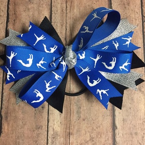 Gymnastics Bow, Royal Blue Gymnastics Ribbon, Ponytail Band, Silver, Black, Fast Shipping