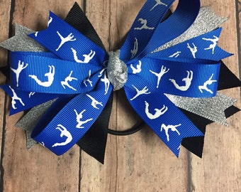 Gymnastics Bow, Royal Blue Gymnastics Ribbon, Ponytail Band, Silver, Black, Fast Shipping