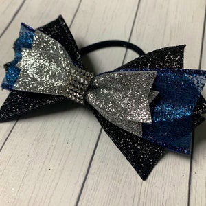 Spike Gymnastics Bow , Silver, Navy Blue, Black Glitter Ribbon, Ponytail Bow, Dance