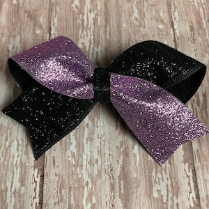 Small Cheer Style Bow, Gymnastics Bow, Glitter Ribbon, Lavender Black Glitter Bow