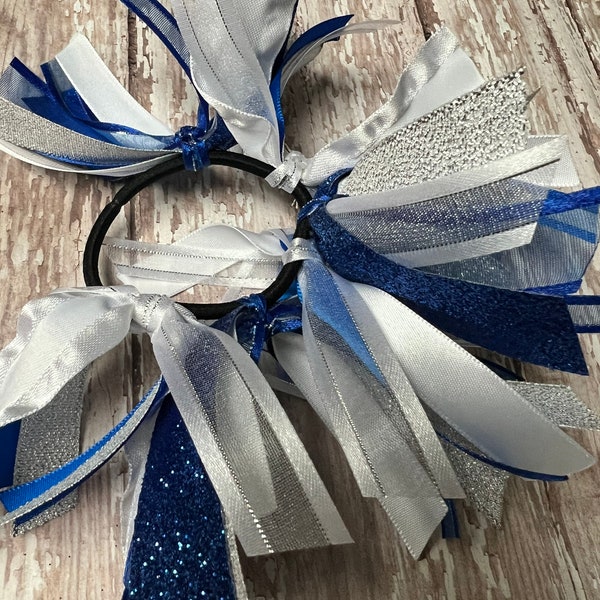 Competition Streamers, Royal Blue, White, Silver, Gymnastic Ponytail Streamers, Gymnastics Hair Ribbons