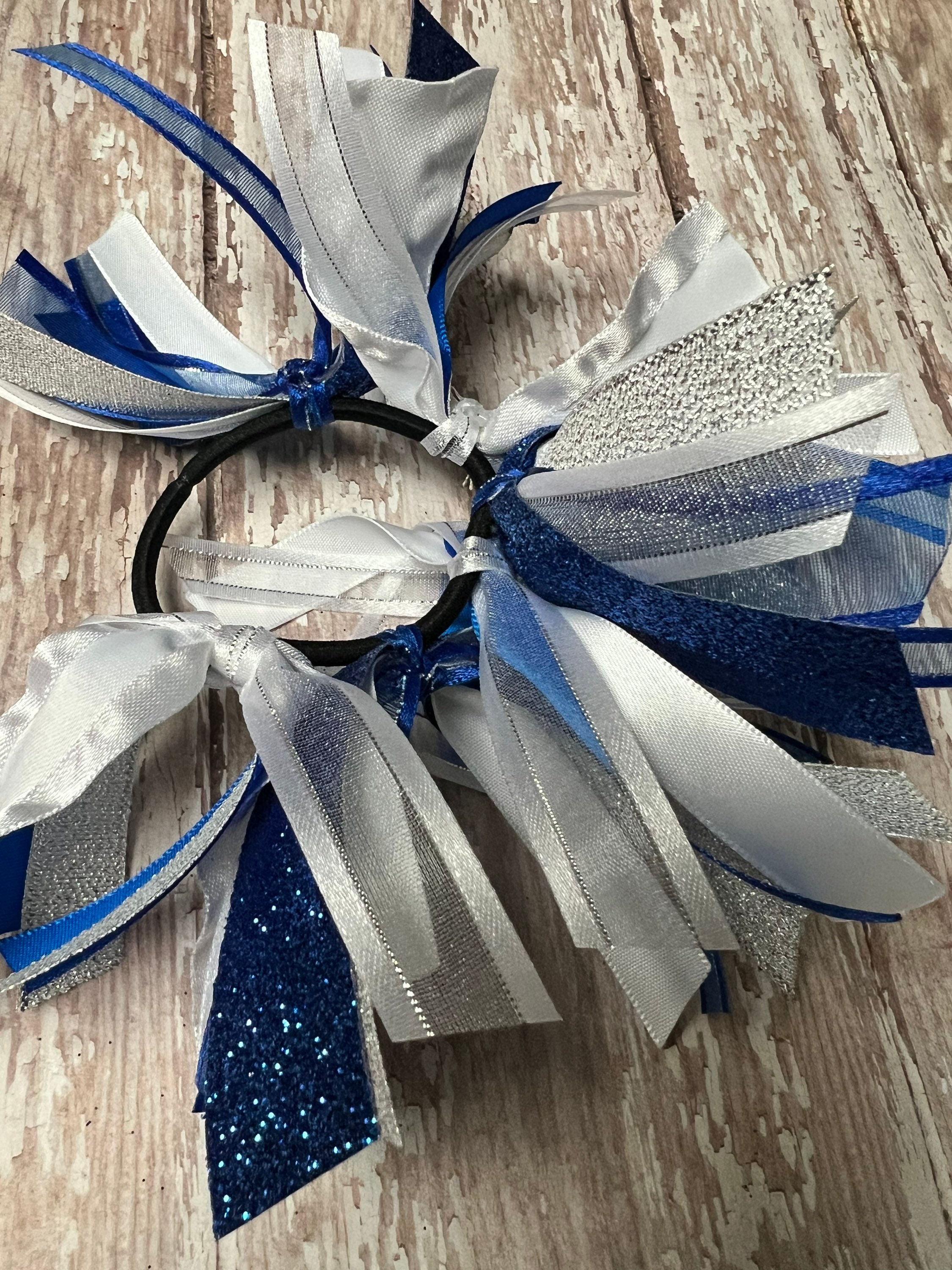 Competition Streamers, Royal Blue, White, Silver, Gymnastic Ponytail Streamers, Gymnastics Hair Ribbons
