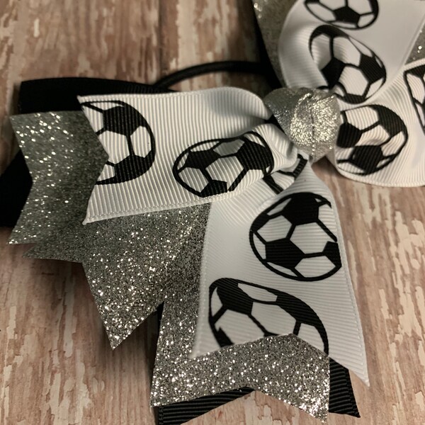 Spike Bow, Black Silver Glitter Soccer Bow, Soccer Bow, Ponytail Bow, Team Order, Glitter Ribbon