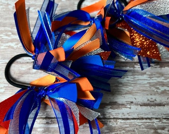 Competition Streamers, Pigtails, Orange, Silver and Blue, Gymnastic Ponytail Streamers, Gymnastics Hair Ribbons