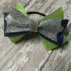 Spike Gymnastics Bow, Lime Green, Navy Blue and Silver Glitter Ribbon, Ponytail Bow, Dance