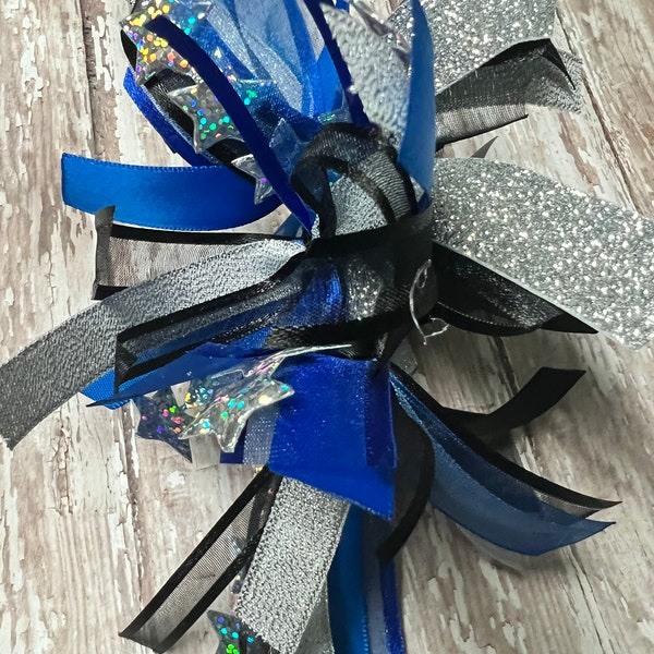 Competition Streamers, Black, Royal Blue, Silver Ribbons and Stars, Gymnastic Ponytail Streamers, Gymnastics Hair Ribbons