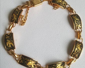 Vintage damascene bracelet dainty damascene gold bracelet spring closure black and gold toldeoware bracelet