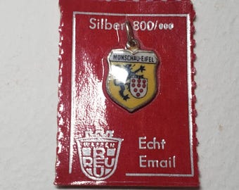 Vintage Monschau - Eifel - Germany Souvenir Charm - Silver 800  - Enamel Travel Shield - Bracelet Charm - German Souvenir town
