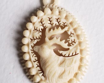 Vintage Stag Pendant- Gifts for her - Faux Horn - Celluloid - Animal Brooch - Alpine Jewellery 241
