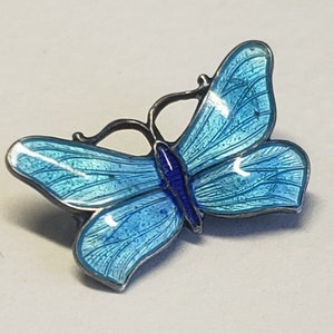Antique Blue Enamel Silver Butterfly Brooch - J. A & S - Vintage Butterfly Pin 256