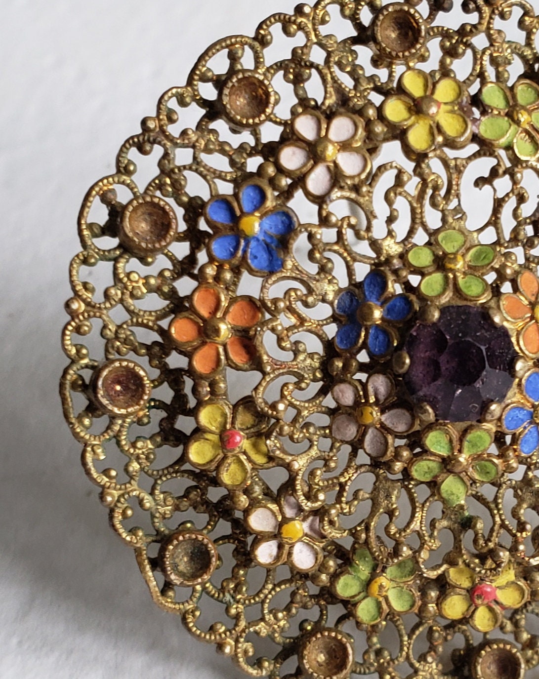 Vintage Czech Style Brooch - Enamel Flowers - Gifts for Her