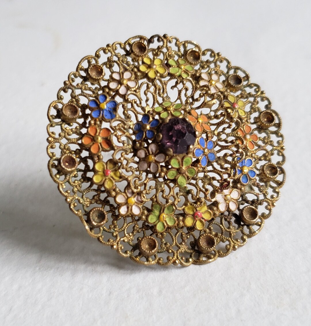 Czech製 ヴィンテージブローチ フィリグリー flower Vintage Czech Style Brooch - Enamel Flowers - Gifts for Her