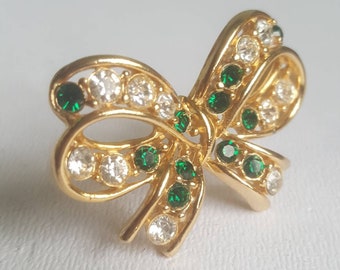 Vintage Ribbon/ Bow Brooch - Green Rhinestones  - Vintage Jewellery - Gifts for Her -38