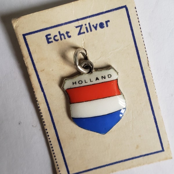 vintage Holland Souvenir Travel Charm - Souvenir néerlandais - Argent 800 - Bouclier de voyage en émail - Charme de bracelet