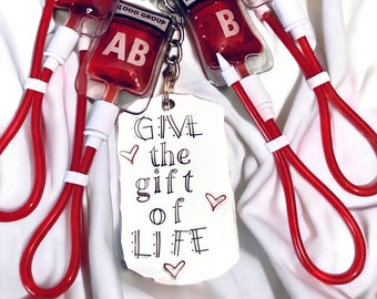 Give the gift of life, Blood donor, blood group, blood type, hand stamped Keyring,