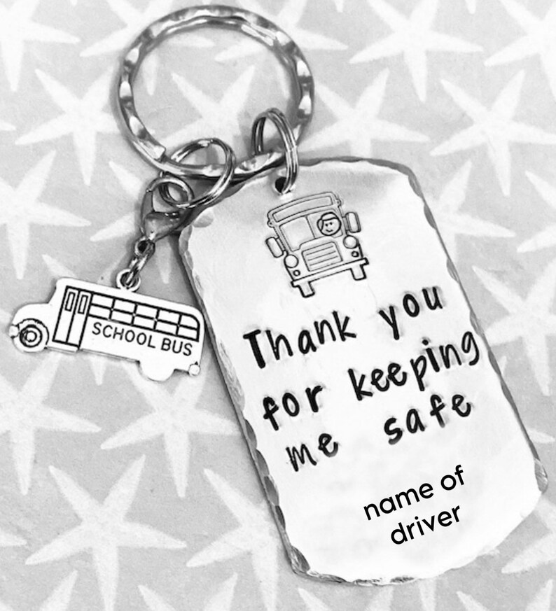 School Transport driver keyring , Thank you for keeping me safe,school taxi driver gift, school bus driver gift,Hand Stamped gift, bus-right h. drive