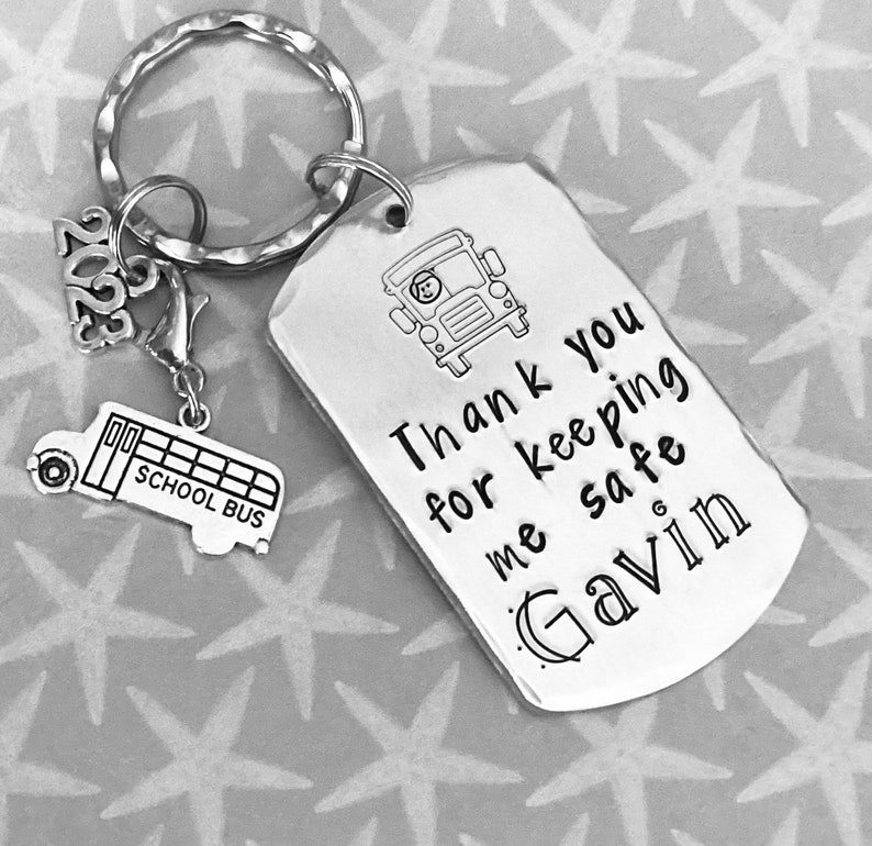 School Transport driver keyring , Thank you for keeping me safe,school taxi driver gift, school bus driver gift,Hand Stamped gift, image 6