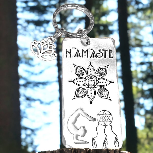 Namaste yoga mandala Keyring with dreamcatcher keyring gift, yoga gift, Hand Stamped Yoga Key chain,, spiritual gift