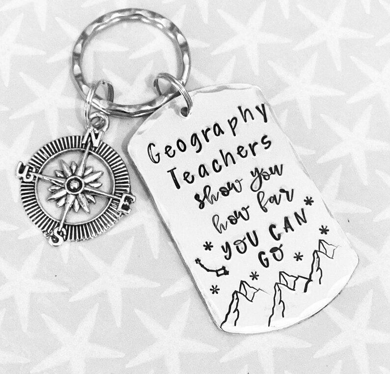 Geography Teacher appreciation keyring, geography lecturer gift, TA gift, End of year gift, Hand stamped, Thank you gift, for her, for him image 9