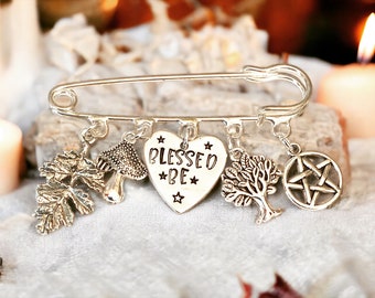 Blessed Be kiltpin brooch, pagan charms, pentagram, tree and leaf, shawl pin, toadstool hand stamped,for him, for her,