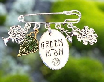 Beltane Green Man  kilt pin brooch, pagan charms, tree and leaf, green man,  shawl pin, greehand stamped