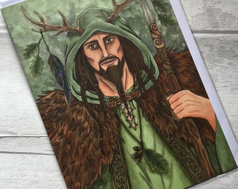 Herne, Pagan greetings Card, Esther Remmington, hunter, horse rider, artist card,antlers,  alternative card,