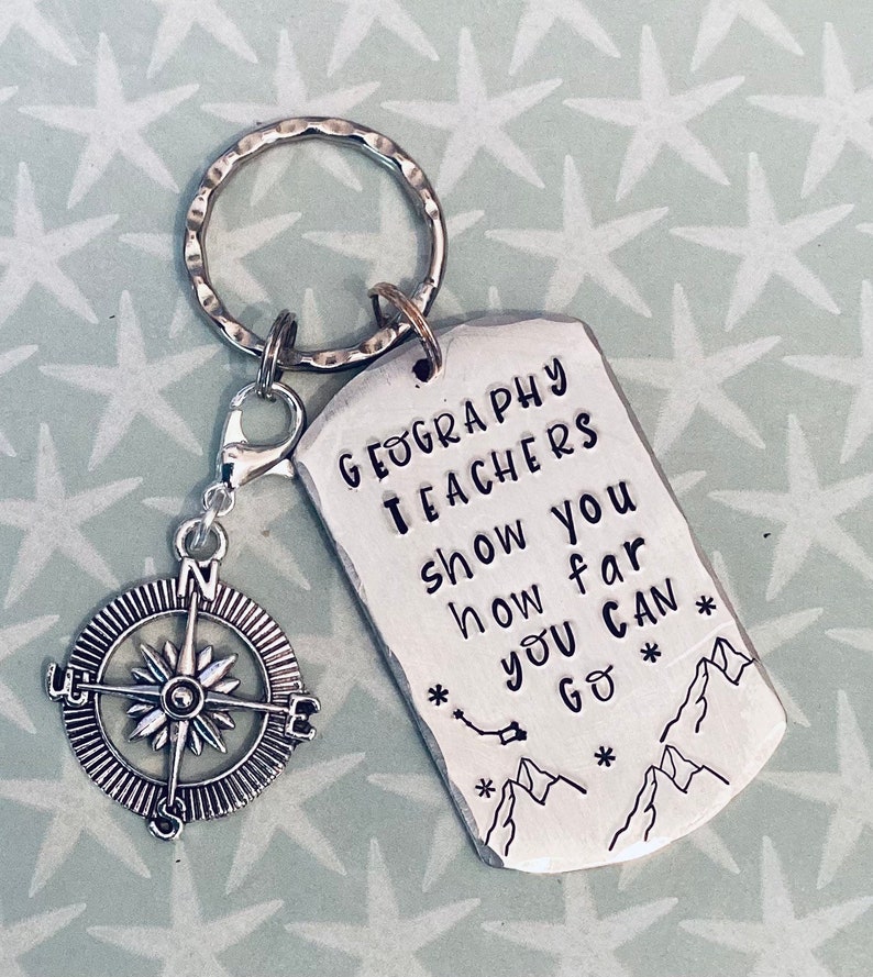 Geography Teacher appreciation keyring, geography lecturer gift, TA gift, End of year gift, Hand stamped, Thank you gift, for her, for him image 7