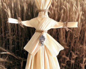 Lammas Corn Dolly, harvest, Lughnasad, wheat sheaf charm, corn husks, bonnet