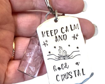 Crystal themed keyring with tiny bottle of crystals, hand stamped Keyring,