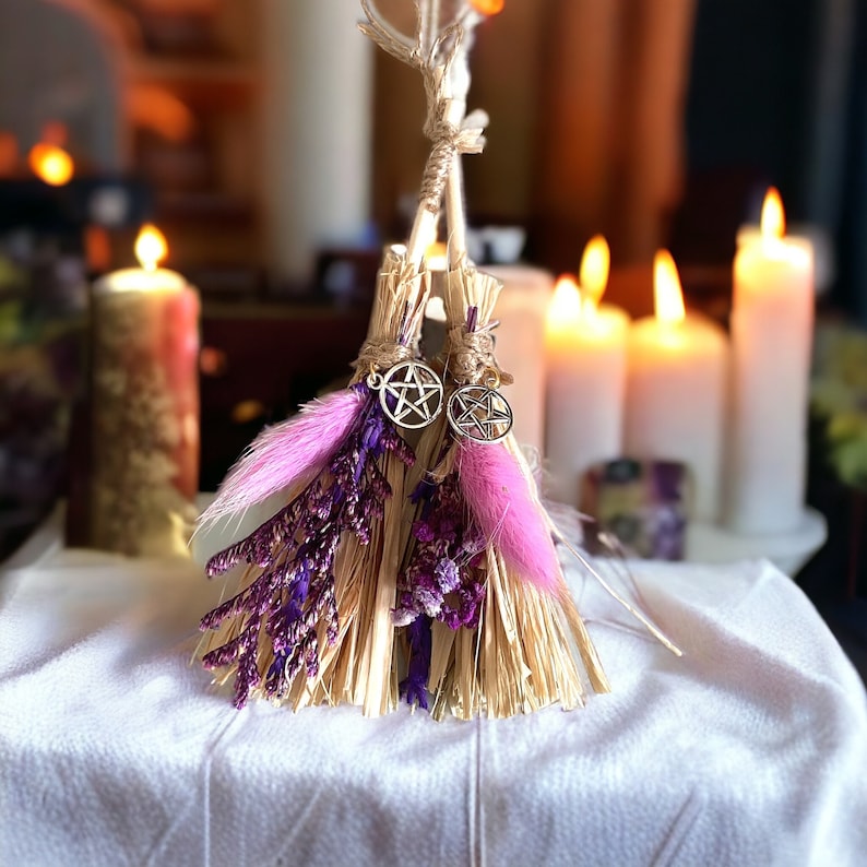 Witchs mini besom broom sticks,positivity, protection, car mirror, dried flowers, pentacle charm, witches gifts, image 9