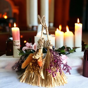 Witchs mini besom broom sticks,positivity, protection, car mirror, dried flowers, pentacle charm, witches gifts, image 10