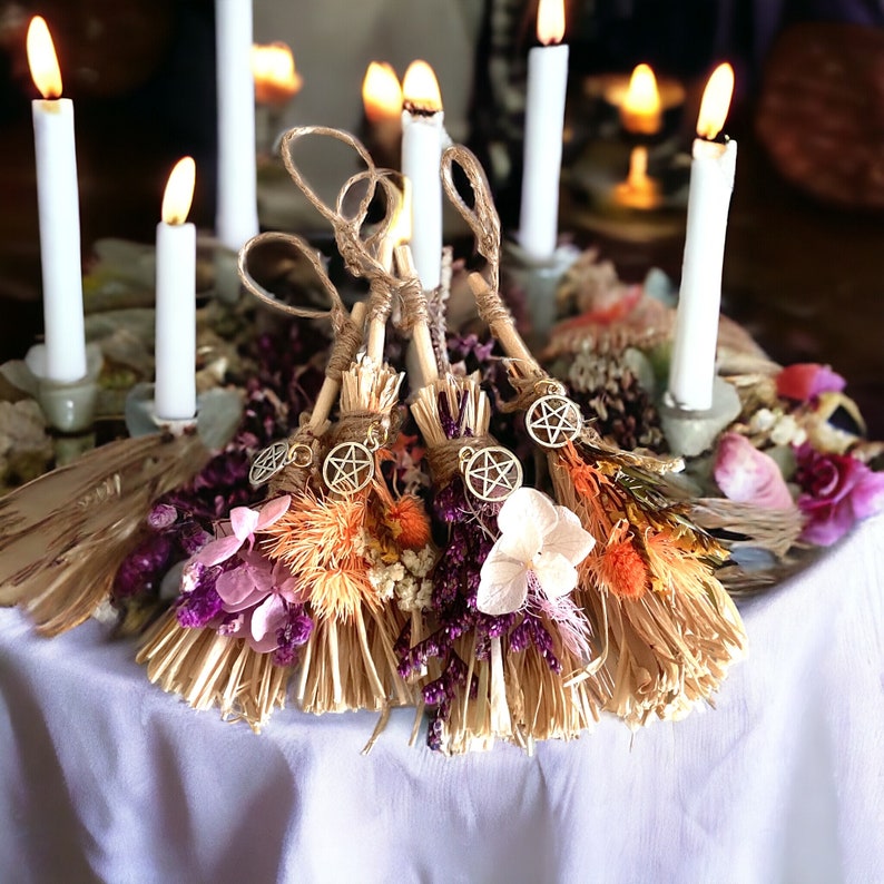 Witchs mini besom broom sticks,positivity, protection, car mirror, dried flowers, pentacle charm, witches gifts, 10cm