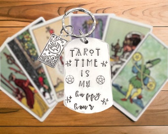 Tarot time is my happy hour, tarot hand stamped keyring, oracle cards, witches gifts