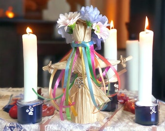 Beltane May Queen handcrafted figure, May Day, corn husks, ribbons, flower wreath, Faery queen,