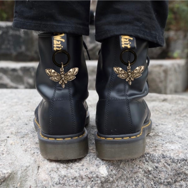 Goth Boot charms, death head moth, black spring o rings, doc marten boots, 5cm high.