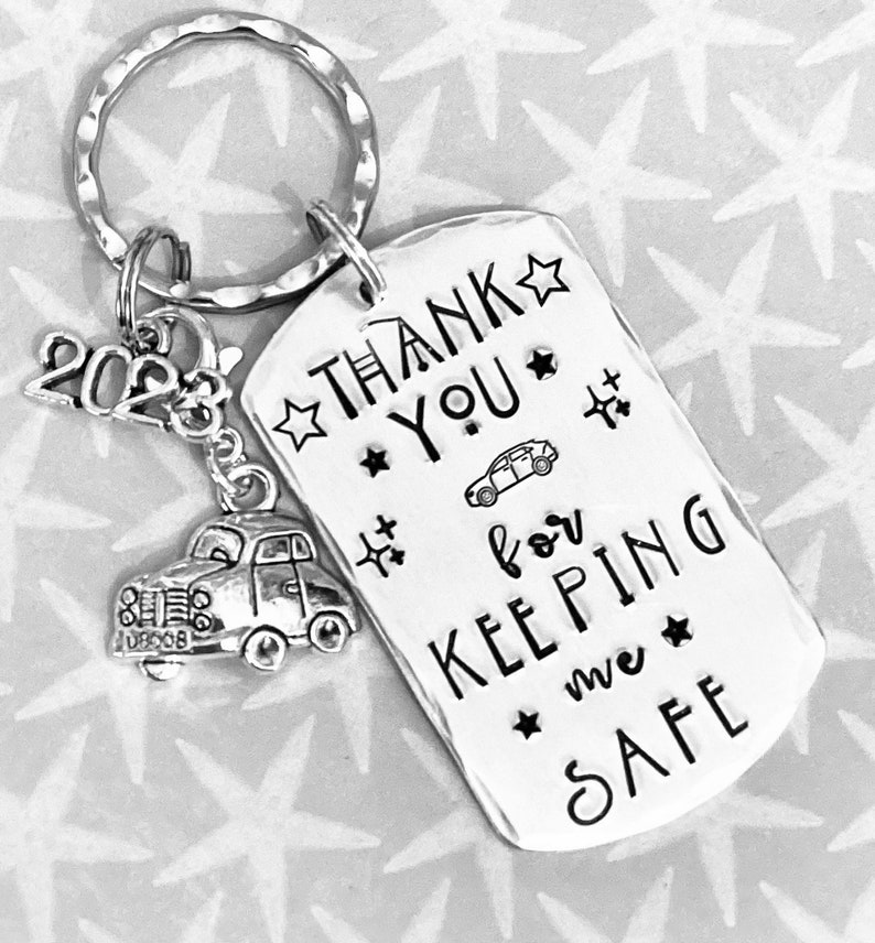 School Transport driver keyring , Thank you for keeping me safe,school taxi driver gift, school bus driver gift,Hand Stamped gift, image 9