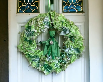 Green Rag wreath with Green Man handcrafted figure, Beltane MayDay, forest man, Jack of the Green, dyed corn husks