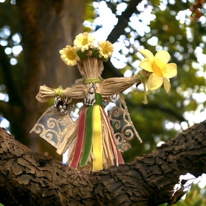 Ostara handcrafted goddess/poppet, Spring Equinox on  20th March, Eostre, hare, birds nest, yellow pink green ribbons