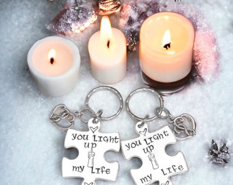 You light up my life, Valentines gift, interlocking Keyrings, couple gift, Hand stamped, Gift for Her, Gift for him,