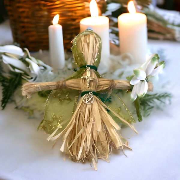 Imbolc handcrafted Brigid poppet, Imbolc blessings, 1st February, snowdrops, St Brigid cross, pentacle