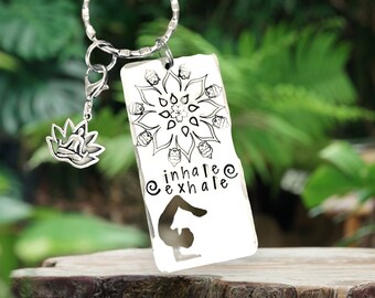 Yoga keyring gift with inhale exhale, Hand Stamped mandala Yoga Key chain, spiritual gift