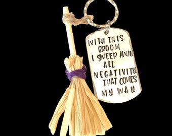 Besom broom bag charm, sweep away negativity, ,hand stamped,