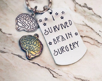 Brain surgery keyring, I survived,brain bleed,  stroke gift, hematoma keyring, brain trauma, stroke,brain tumour, craniotomy,