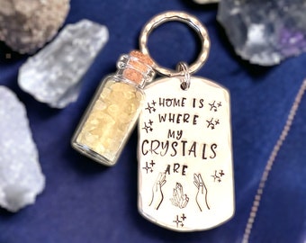Crystal themed keyrings with tiny bottle of crystals, hand stamped Keyrings, Witches gifts,